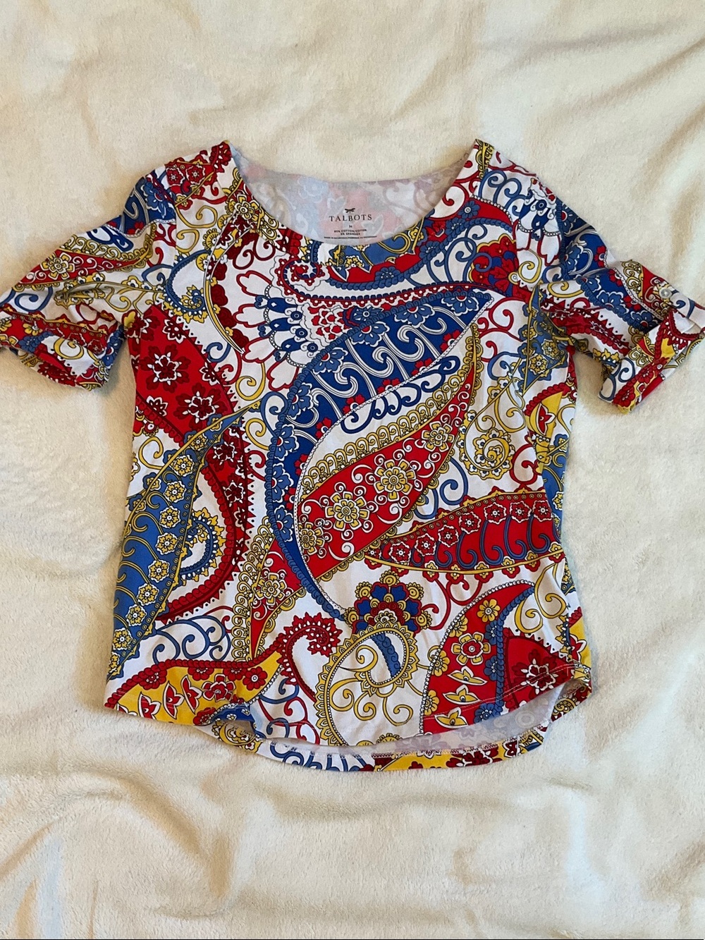 Talbots Red Blue Yellow Paisley Short Sleeve Tee